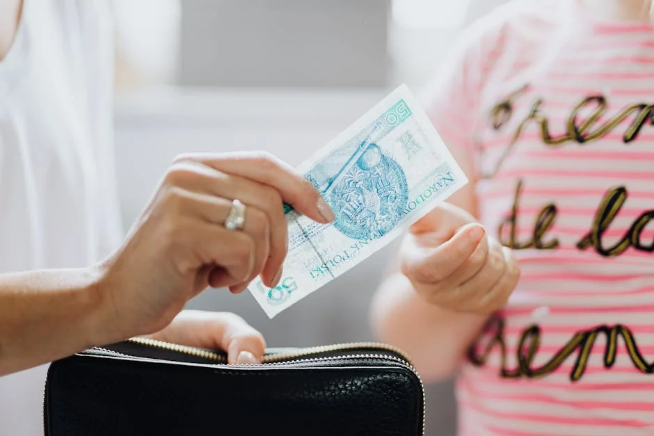 Close-up of hands exchanging a 50 Polish zloty note, highlighting financial transaction.