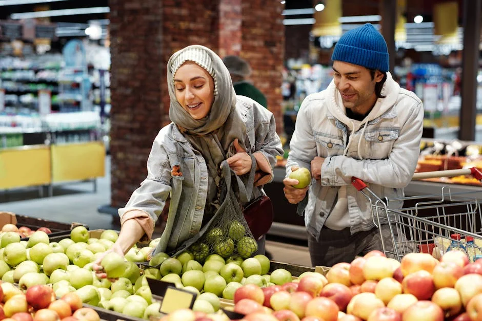 Muslim couple selects fresh apples at a supermarket, enjoying a shopping experience.