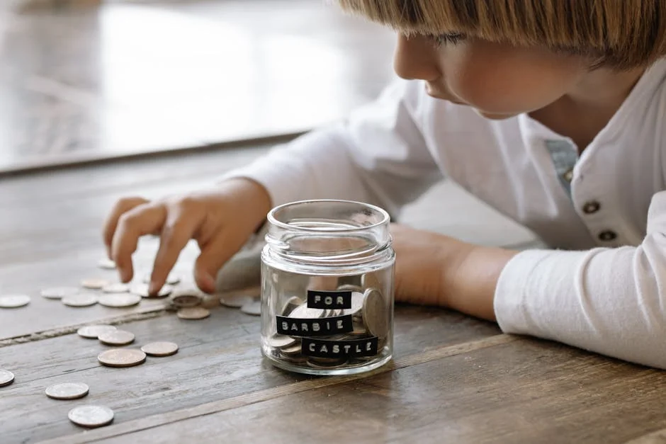 A young child collects coins in a jar labeled 'For Barbie Castle', symbolizing saving and dreams.